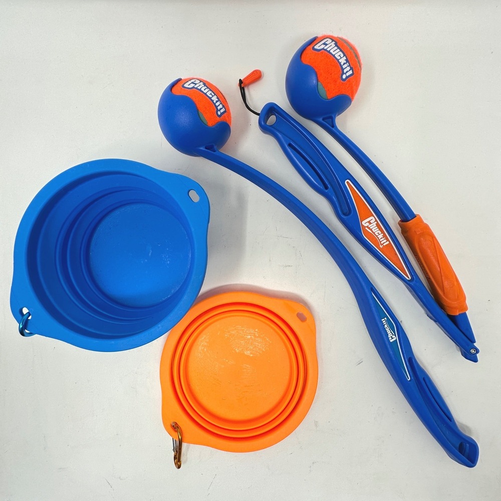 Chuckit! Dog Ball Launcher Set with Collapsible Travel Bowls Blue Orange 4pc